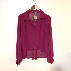 NWT Have Large Y2K sheer hi-lo button up top ballon sleeve whimsygoth dark red
